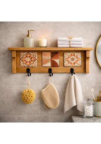 3 Askılı Doğaltaş Dekorlu Ahşap Duvar Düzenleyici Giriş Holü Anahtarlığı, Mutfak Ve Banyo Duvar Rafı 28x12-3 Askılık