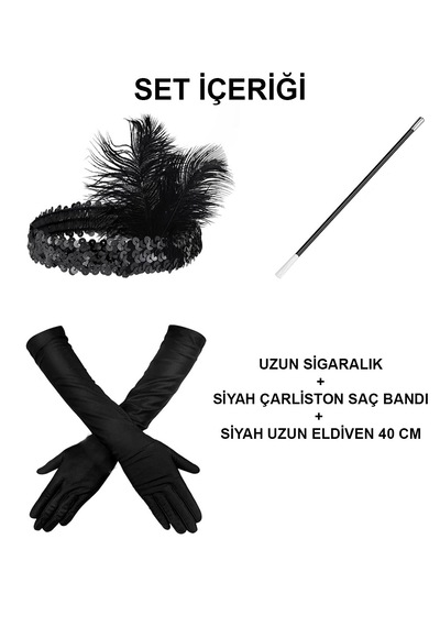 1920&amp Apos Ler Gatsby Aksesuar Seti Siyah Charleston Saç Bandı, Uzun Eldiven &amp Amp Amp Siga "