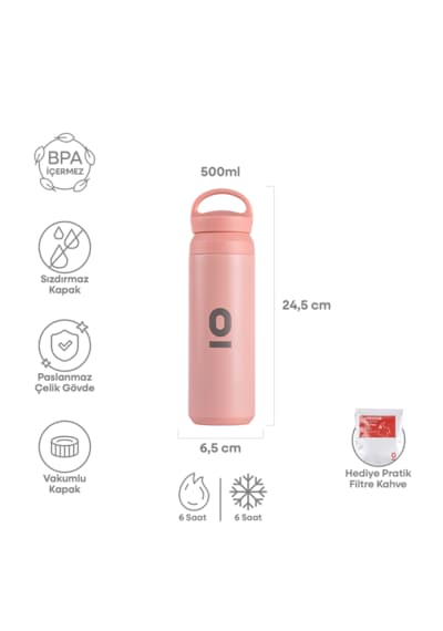 Pembe Tutacaklı Paslanmaz Çelik Termos No:132 500 Ml Vakumlu Sızdırmaz Termos