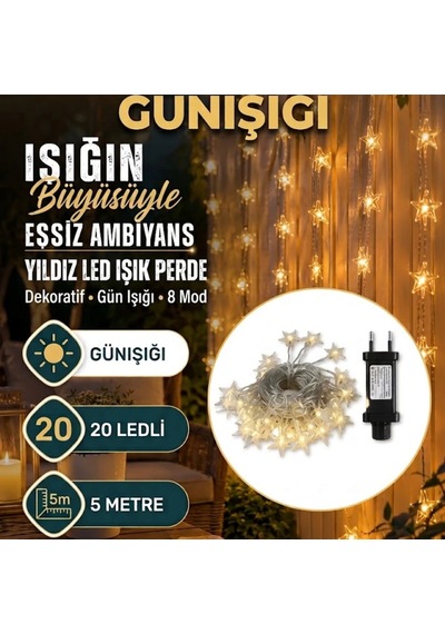 Dekoratif Yıldız Led Perde Aydınlatma 20 Led 5 Metre Günışığı Işıklı