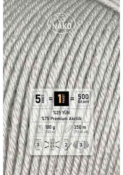 Elit Baby - 4672 Açık Gri - 5'li Paket - 100gr/250m - Bebek İpi - Anti Pilling Tüylenmez İp
