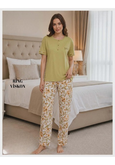 Mihra Kadın Ring Viskon Düğmeli Yaka Kısa Kol Likralı Pijama Takımı 40112fy - 1 Adet Yeşil Mihra Kadın Ring Viskon Düğmeli Yaka Kısa Kol Likralı Pijama Takımı 40112fy - 1 Adet Yeşil