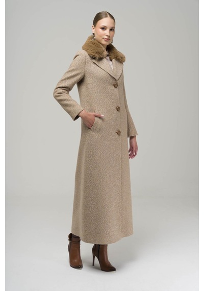 Olcay Yakası Çıkabilen Kürklü Balık Sırtı Desenli Manto Bej 3789-y