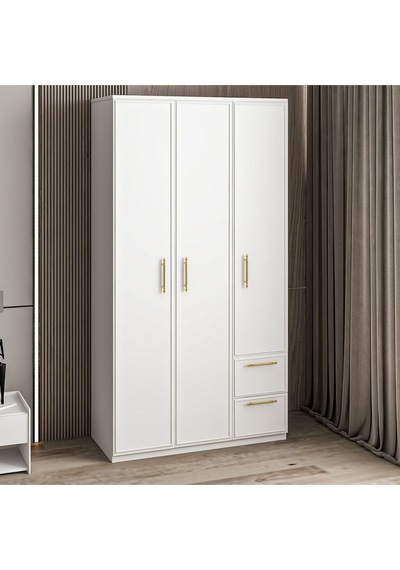Vespera Çıta Detaylı 3 Kapaklı, Çekmeceli Gardırop Beyaz, 90 Cm