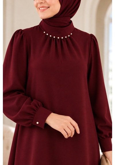 Miss Meliss Büyük Beden Anne Krep Kumaş Şık Boydan Elbise Bordo Bordo
