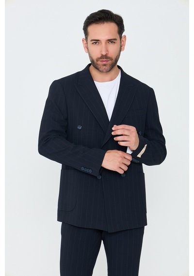 Lacivert Kruvaze İnce Çizgili 6 Drop Regular Fit Takım Elbise Laci