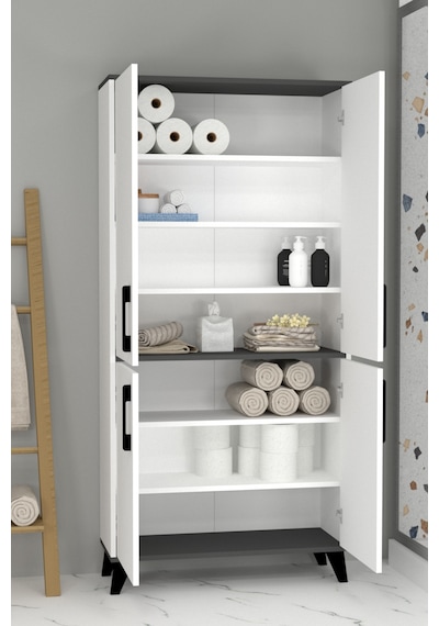 İris Dört Kapaklı Modern Banyo Dolabı Beyaz - Antrasit İris Dört Kapaklı Modern Banyo Dolabı Beyaz - Antrasit