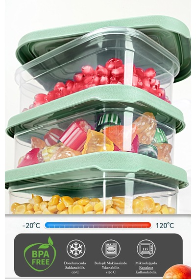 Meleni Home 4 Adet Dikdörtgen Erzak Saklama Kabı Mikrodalgaya Uygun Düzenleyici Organizer 740 ML Yeşil