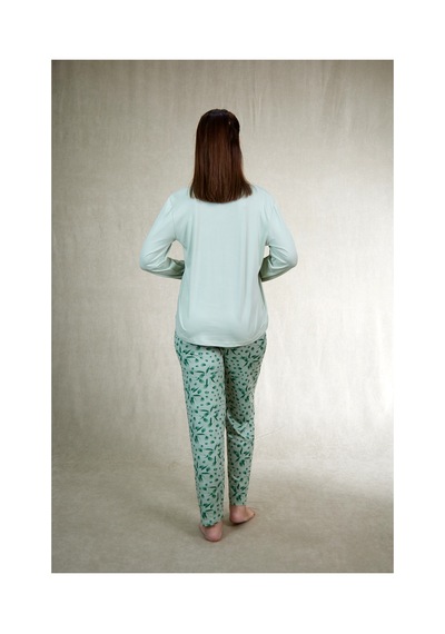 Estiva Kadın Flora Alt Desenli Soft Uzun Kollu Pijama Takımı Yeşil