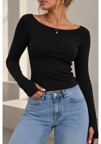 Bb Butik Basic Soft Touch Parmak Geçmeli Kayık Yaka Bluz Mdk35 siyah