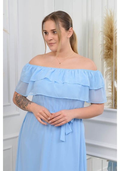 Neşeli Butik Kadın Bebe Mavisi Kuşaklı Büyük Beden Şifon Elbise Nb8061 Mavi