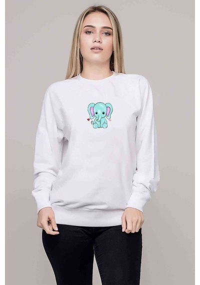 Kawaii Baby Elephants Baskılı Beyaz Kadın Sweatshirt
