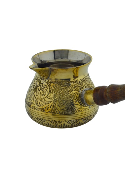 Pirinç El Yapımı Dekoratif Özel İşlemeli Ahşap Saplı Sarı 250ml Cezve No2