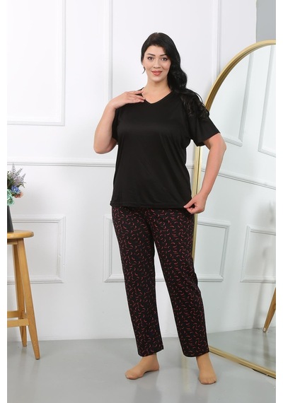 Akbeniz Kadın Büyük Beden Kısa Kol Penye Pijama Takımı Siyah 202406-siyah Siyah