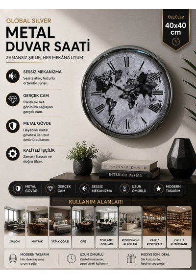 Global Silver 40 Cm Metal Duvar Saati Krom