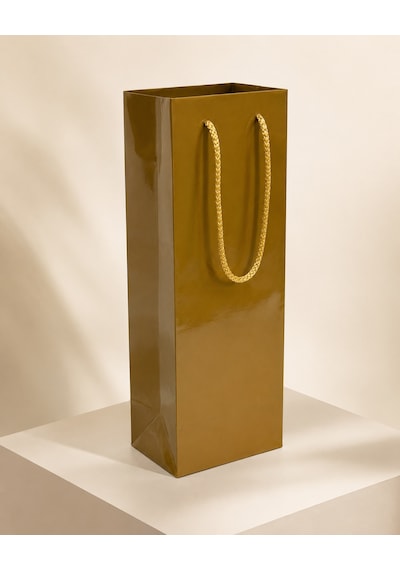 Şişelik İpli Altın Karton Poşet, 25 Adet - 12x10x38 Cm, Kalın Yap