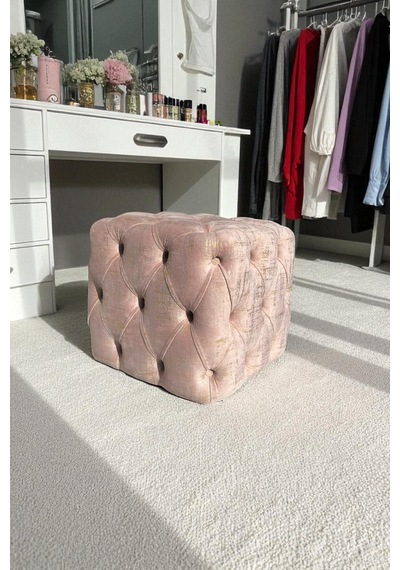 Küp Puf - Best İthal Kadife Babyface Kumaş Varak Baskı - Modern Ve Şık Dekoratif Puf&bench Pembe - Pudra