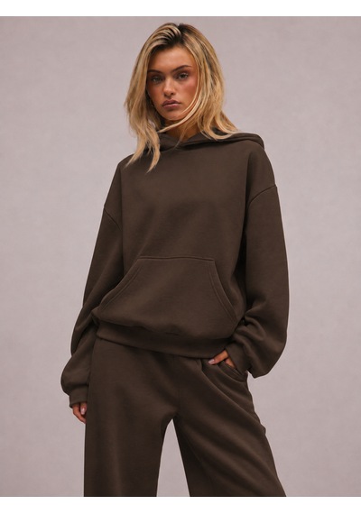 Macklin Unisex Kadın Erkek Baskısız Rahat Kalıp Oversize 3 İplik Kapüşonlu Hoodie Ve Baggy Eşofman Altı Kahverengi
