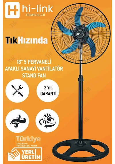 Hi-Link Vantilatör 5 Metal Kanatlı 3 Kademe 18" Sanayi Tipi - 80W Siyah