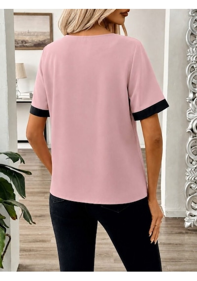 Efnaz Style Kadın Kısa Kollu Asımetrik Yaka Detaylı Düğmeli Dubai Bluz Pembe