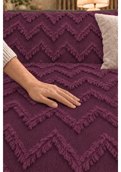 Şönil Koltuk Örtüsü 175x210 Cm Mürdüm Zikzak Desenli Sakallı Çekyat Örtüsü Mürdüm Mürdüm