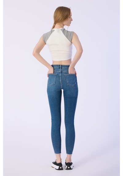 Skınny Cep Kapalı Dizler Lazerlı Paça Kesik Denim Pantolon-mavi Mavi
