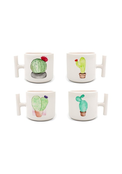 Duble Türk Kahve Fincanı & Espresso Kaktüs Set 4'lü T Kulp 200 Ml 4 Parça Beyaz