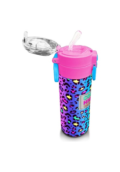 Coral High Kids Renkli Leopar Desenli Pipetli Ve Direk İçimli Paslanmaz Çelik Termos 500 Ml 31985 Pembe - Sarı
