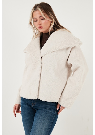 Lela Oversize Geniş Yaka Çıtçıt Düğmeli Astarlı Peluş Bayan Mont 6839623 Beyaz