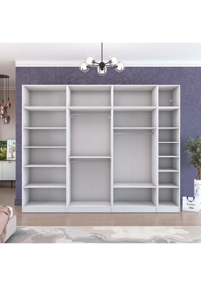 Rani Ba215 Geniş Gardırop Elbise Dolabı 14 Kapaklı 12 Raflı 3 Askılı Modüler Dolap Beyaz