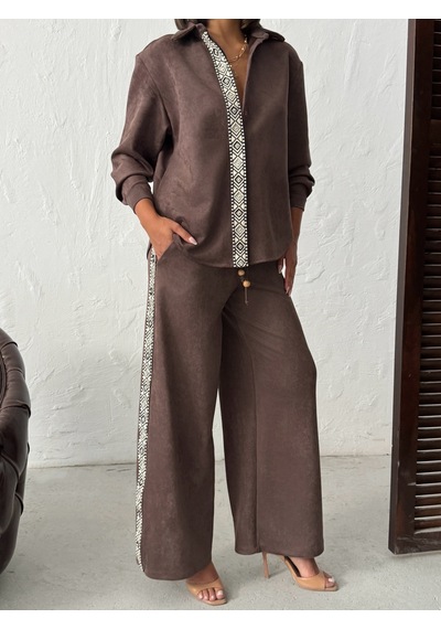 Verymoda Şerit Detaylı Scuba Süet Pantolon F1972 Kahve