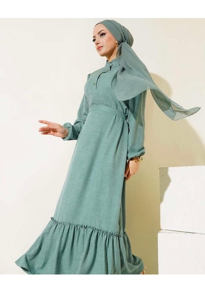 Lovie Moda Kadın Hakim Yaka Keten Elbise Mint Yeşili Yeşil