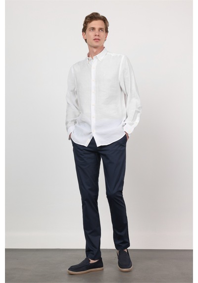 İmza Beyaz Düğmeli Yaka Uzun Kol Cepsiz Slim Fit Modal Gömlek 1004260162