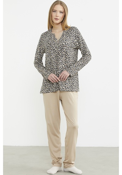 Sementa Yakası Düğmeli Leopar Kombinli Pijama Takım - Bej Bej