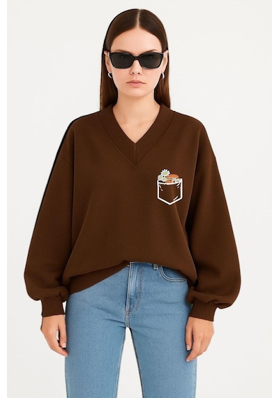 Benroma Cep Papatya Baskılı Ünisex V Yaka Sweatshirt Kahverengi
