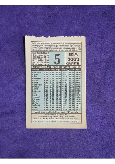 5 Ekim 2002 Takvim Yaprağı - Nostalji Koleksiyonluk Takvim Yaprağı