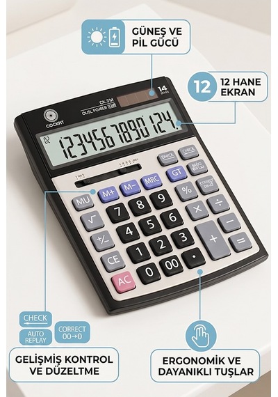 Hesap Makinesi Siyah Gri 15x19.5 Cm 1 Adet Cockpıt Ck-534 12 Haneli Büyük Boy Hafızalı Ofis Büro Masaüstü Hesap Makinası Gr