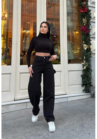 Kene Jeans Yüksek Bel Siyah Yan Kemer Tokalı Kargo Cep/baggy Bol Paça Jeans Siyah