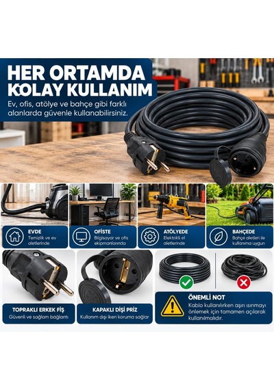 3x1.5mm%100 Bakır Ttr Topraklı Seyyar Uzatma Kablosu Siyah, 5 Metre Diger