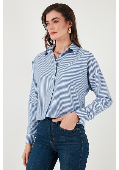 Lela Regular Fit Çizgili Göğüs Cepli Dokulu Bayan Gömlek 6772870 Indigo