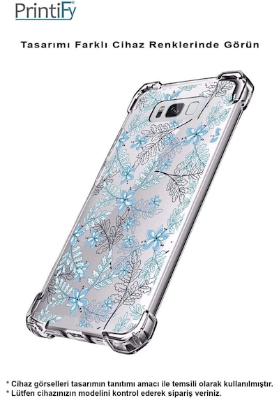 Oppo A94 Uyumlu Köşe Korumalı Floral Mavi Tasarımlı Şeffaf Silikon Kılıf