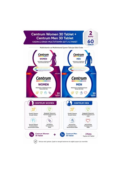Centrum Women 30 Tablet + Centrum Men 30 Tablet Kadın & Erkek Multivitamin Seti 2'li Paket