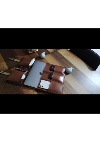 Nyc Giyim Tekstil Hakiki Dana Derisi El Yapımı Organizer Çanta, Tablet Ve Laptop Bölmeli, Toplantı Ve Iş Gezileri Için Ideal Taba