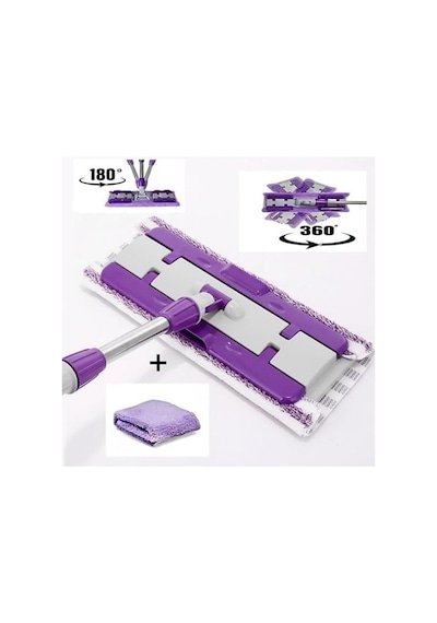 Mandalı Mor Mop Kıskaçlı Cam Silme Mopu Mikrofiber Yedek Bezli Yer Duvar Cam Fayans Silme Mopu 50 x 22
