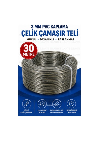 3 Mm Pvc Kaplama Çelik Çamaşır Teli 30 Metre Paslanmaz Güçlü Çamaşır Asma Teli İç Ve Dış Mekan Kulla Çok Renkli