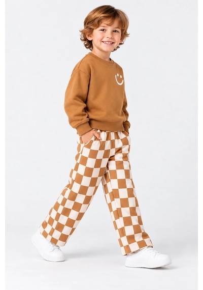 Rony Pony Kids Erkek Çocuk 3 İplik Gülen Yüz Baskılı Sweatshirt Ve Dama Desenli Bol Paça Eşofman Takımı Kahverengi Krem Rony Pony Kids Erkek Çocuk 3 İplik Gülen Yüz Baskılı Sweatshirt Ve Dama Desenli Bol Paça Eşofman Takımı Kahverengi Krem