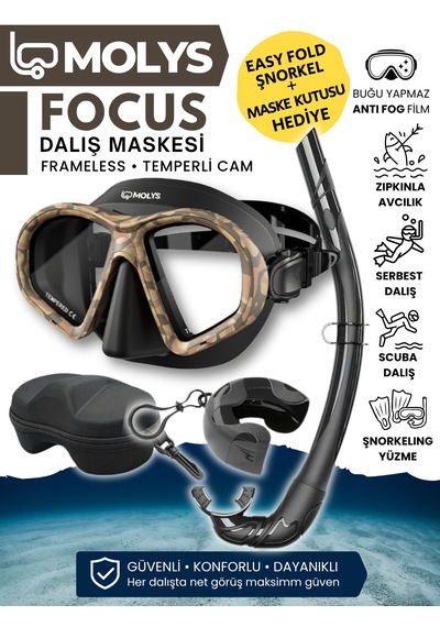Molys Focus Dalış Maskesi + Antı Fog Buğu Önleyici Film + Katlanabilir Şnorkel + Maske Kutusu Kahverengi - Kamuflaj