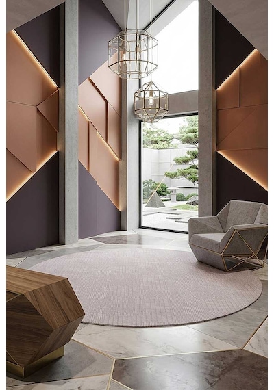 Geometrik Abstract Desenli Prato İpeksi Lüks Viskon Yuvarlak Halı Pr07 Bej
