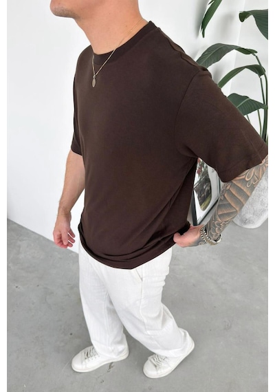 Kahverengi Basic Soft Likralı Relaxed Triko Tişört