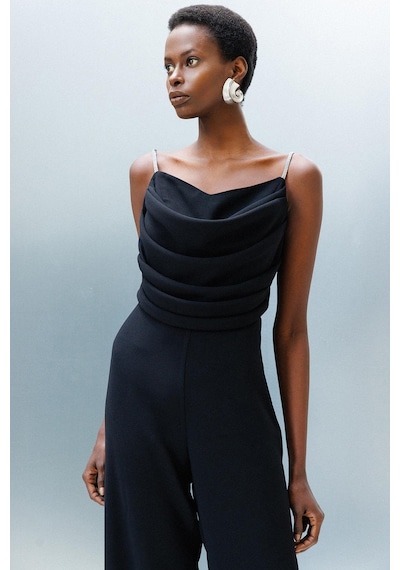 Moda İlgi Kadın Drape Detaylı Askılı Tulum M06657 Siyah Siyah